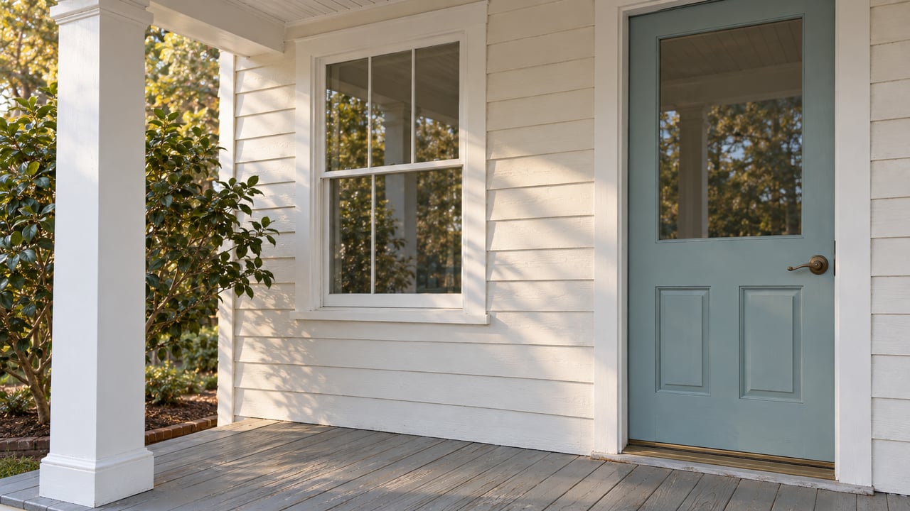 Sunlit raised porch with weathered gray floorboards, ivory clapboard siding, a blue glazed entry door and a white sash window beside a camellia.