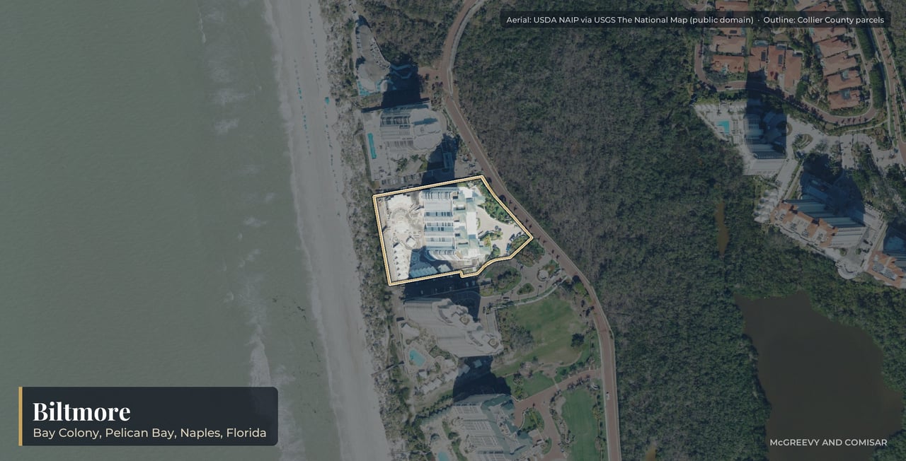 Aerial view of Biltmore at Bay Colony, Naples, Florida, with its parcels outlined