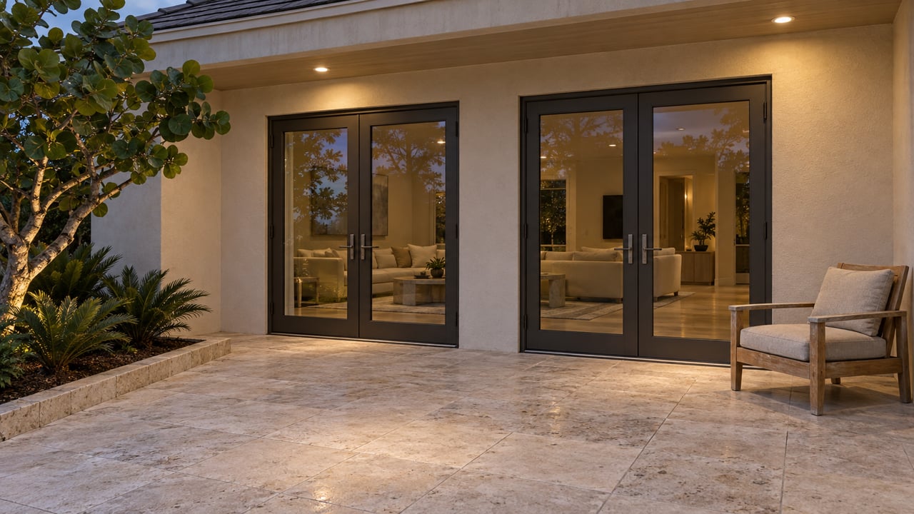 A limestone terrace at dusk with paired bronze-framed glass doors, a weathered teak lounge chair, and sculptural tropical planting.