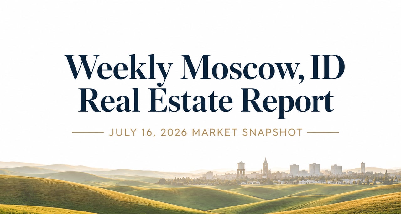 Professional header graphic for Jordan Vorderbrueggen's July 16, 2026 weekly Moscow, ID real estate report featuring Palouse hills and a subtle Moscow skyline.