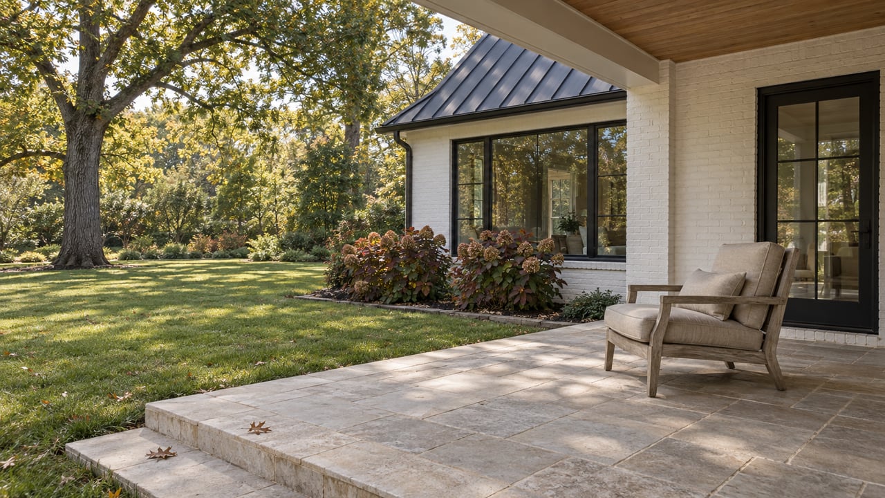 White-painted brick home with closed black-framed glazing, an oak porch ceiling and limestone terrace beside an autumn garden.