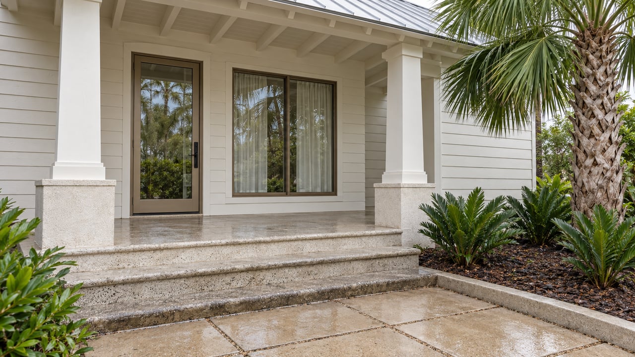 White timber-sided home with a raised shell-concrete porch, pale bronze glazed entry and a sculptural palm after rain.