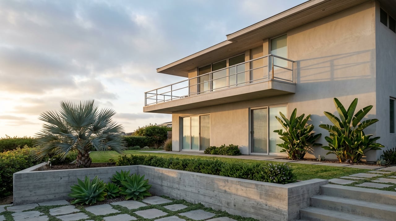 Coastal home with a cantilevered balcony, terraced garden, blue-gray palm, and agaves beneath thinning clouds.