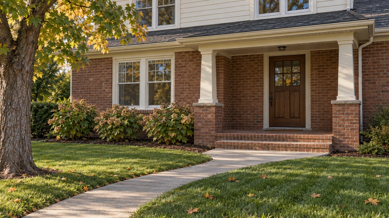 Brick and cream-clapboard home with a covered entry, curving concrete walk, deep lawn and a mature maple beginning to turn gold.