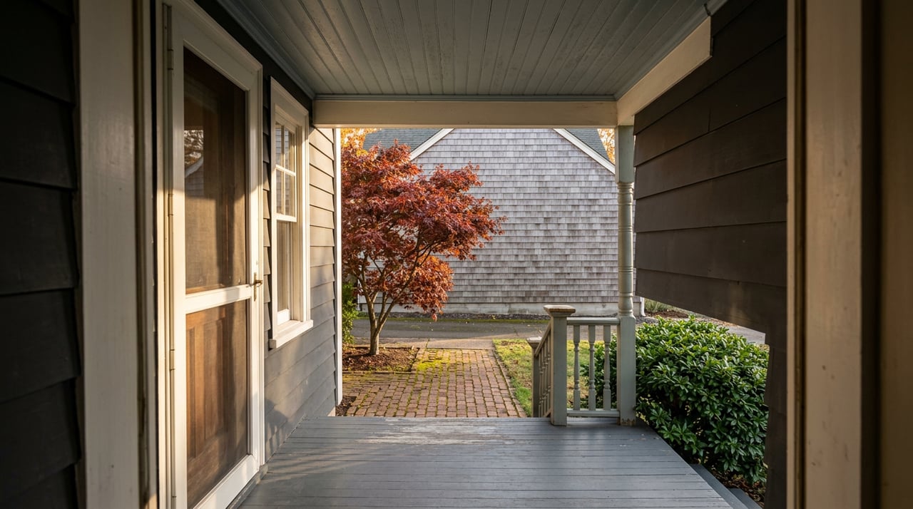 Autumn maple beside a moss-jointed brick walk, framed by a shaded porch doorway.