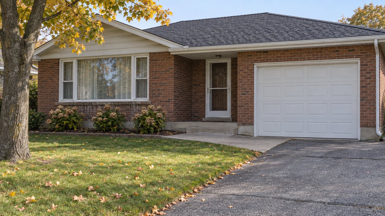 Single-story brick house with an attached garage and autumn leaves over the front lawn.