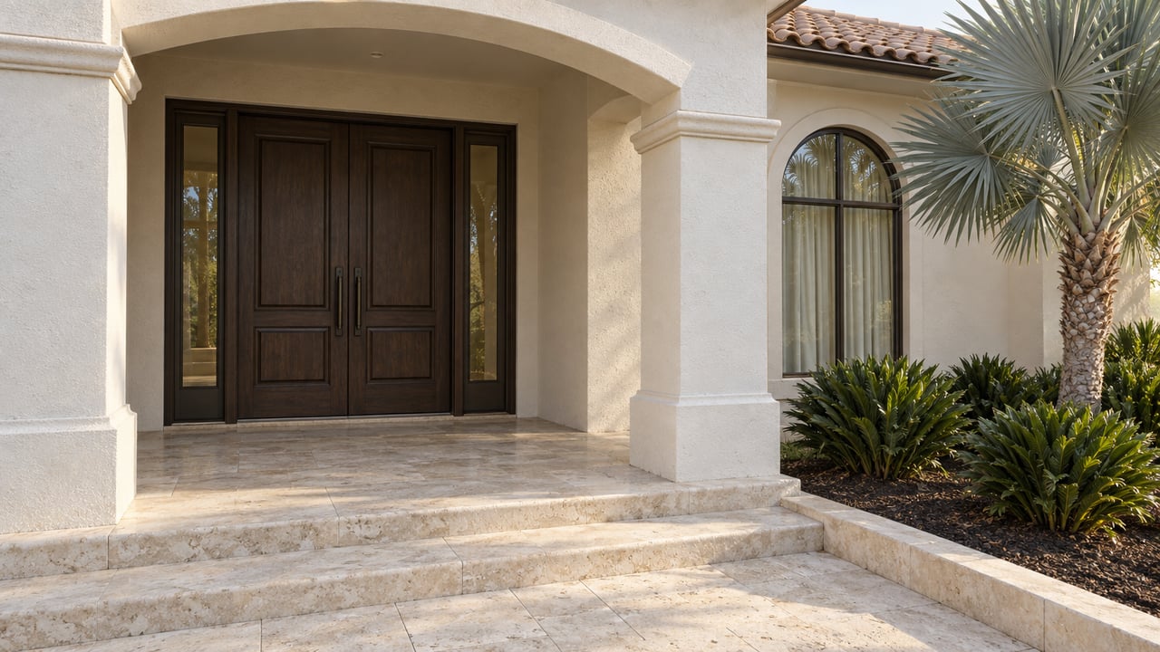 Cream stucco home entry with recessed oak double doors, limestone steps, an arched window and a silver fan palm in a bordered planting bed.