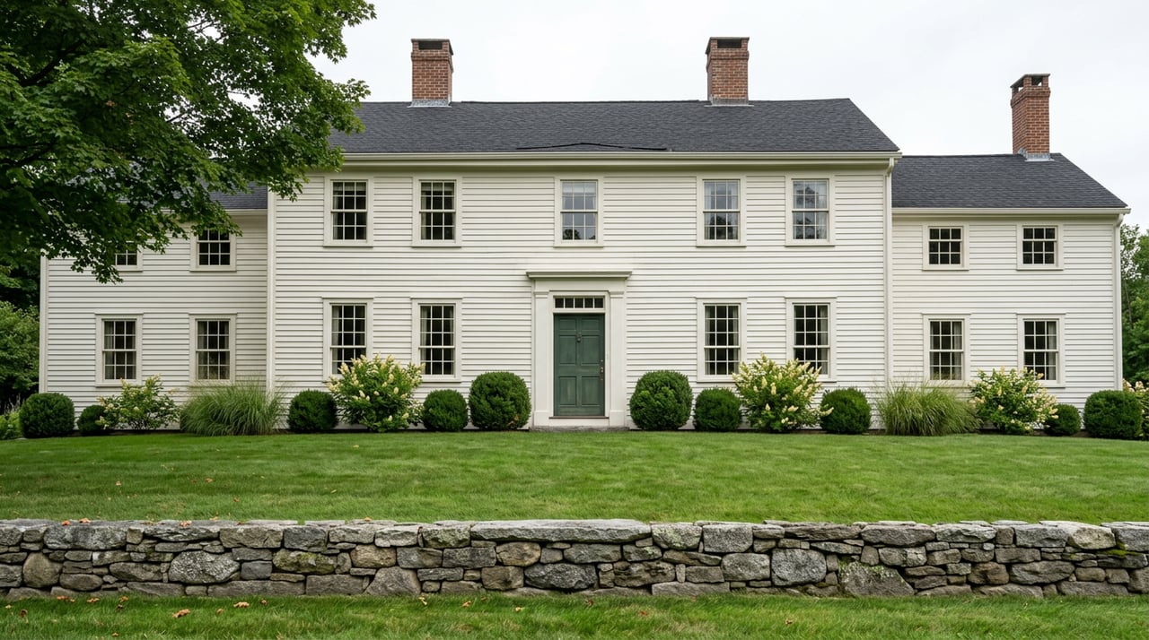 White clapboard Colonial with a green front door, broad lawn, low stone wall, and mature maple canopy.