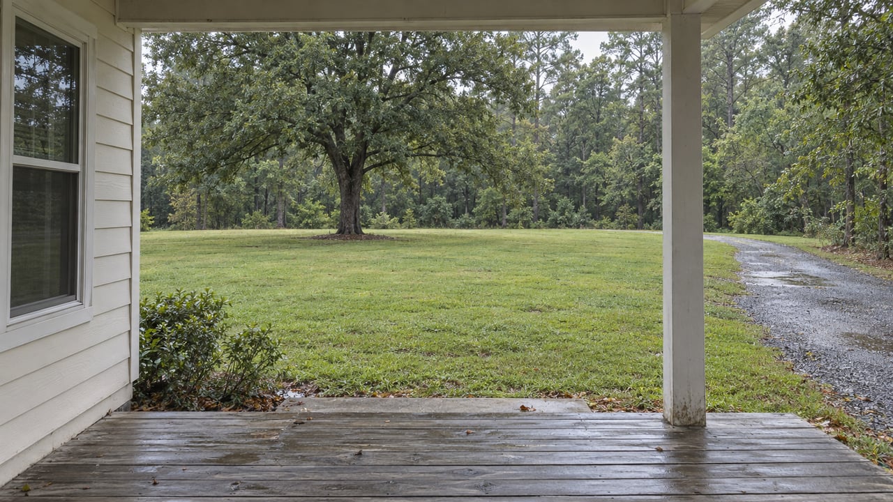 Covered porch overlooking a broad lawn, mature oak, and distant woodland after rain.