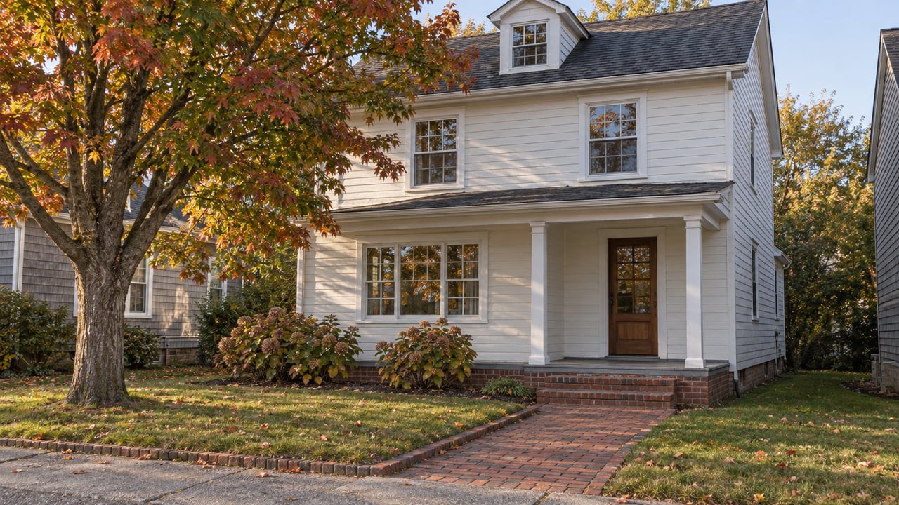 White clapboard home with a brick approach, weathered porch and small autumn garden in soft afternoon sunlight.