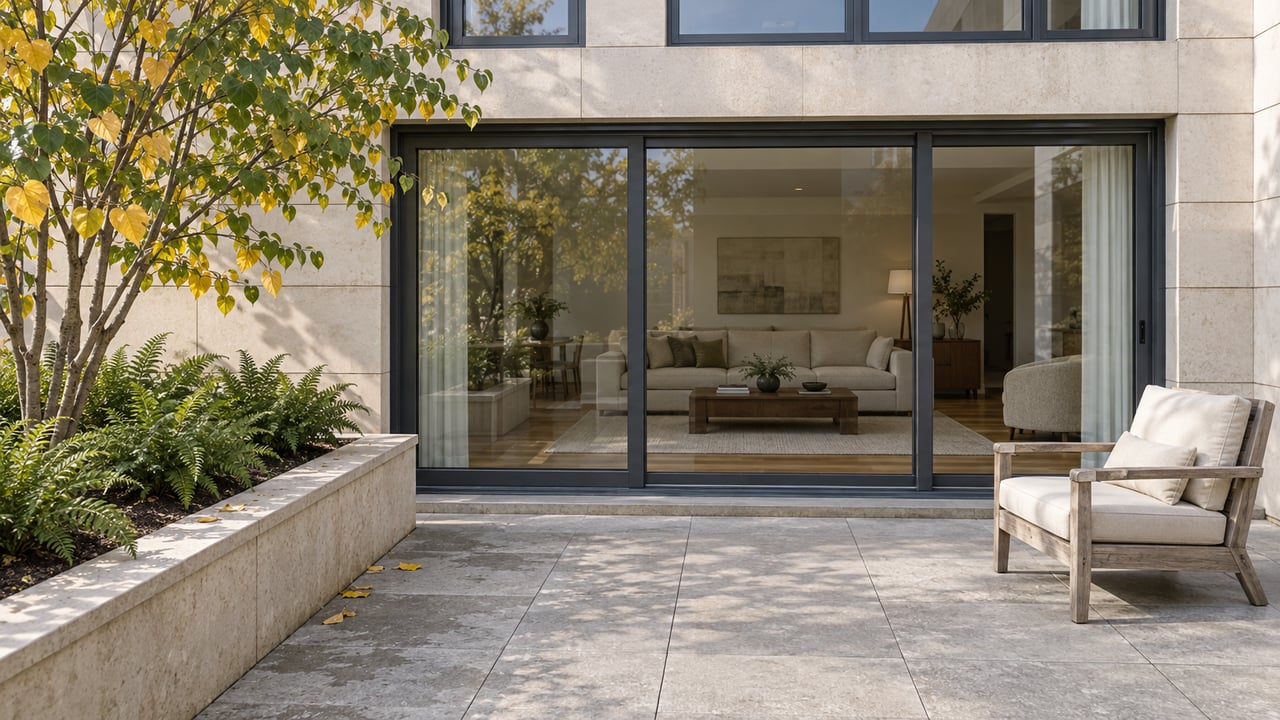 A limestone residential terrace with a teak lounge chair, raised redbud planting and dark-framed glass doors opening visually onto a bright living room.