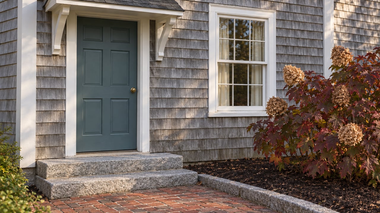 Weathered cedar-shingle home with a blue-green front door, white-trimmed window, granite stoop and burgundy oakleaf hydrangea.
