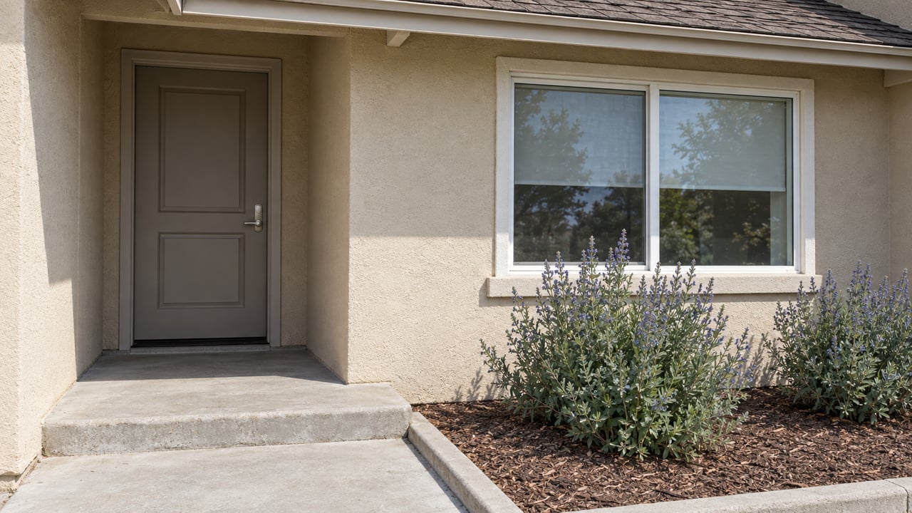 Beige stucco home entry with a taupe door, white-framed window, weathered concrete stoop, and gray-green sage planting.