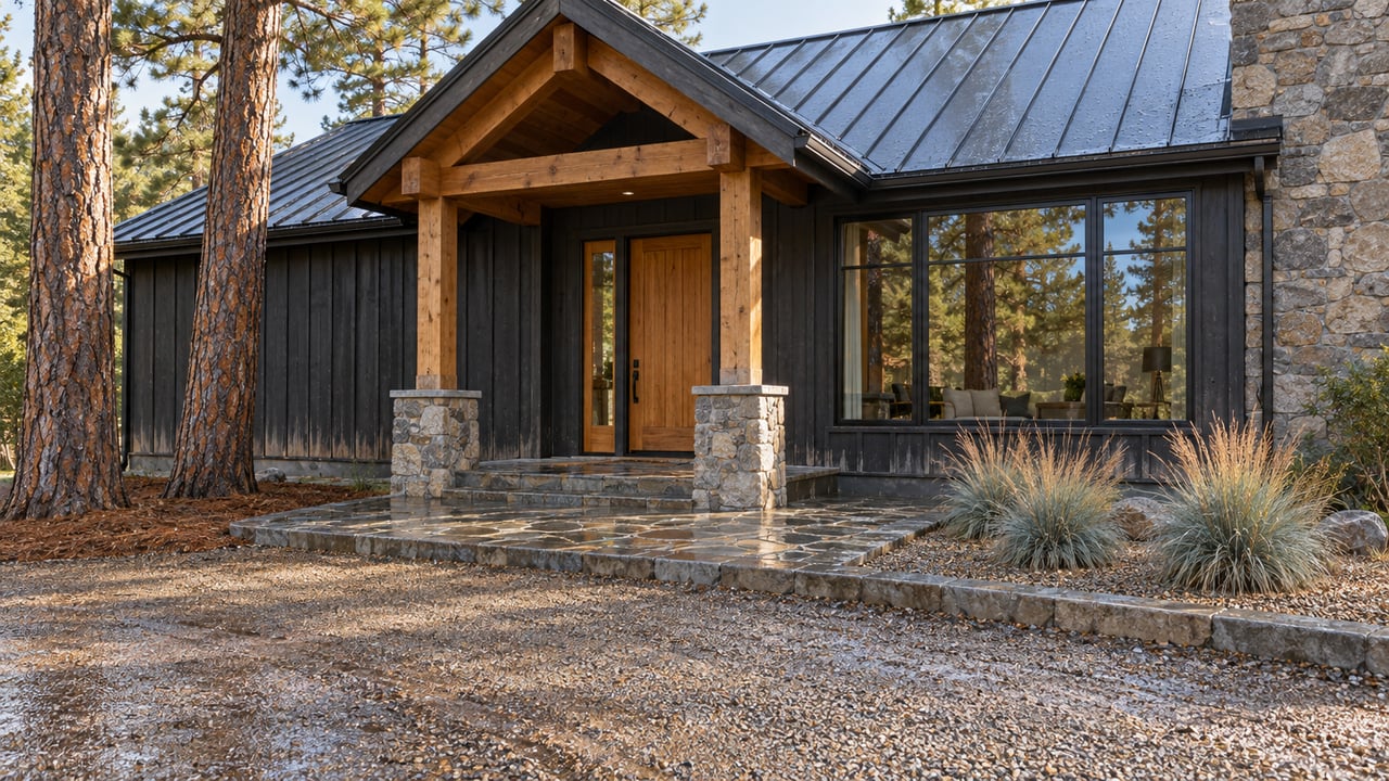 Timber home with a steep metal roof, stone entry walk and ponderosa pines in afternoon light after rain.