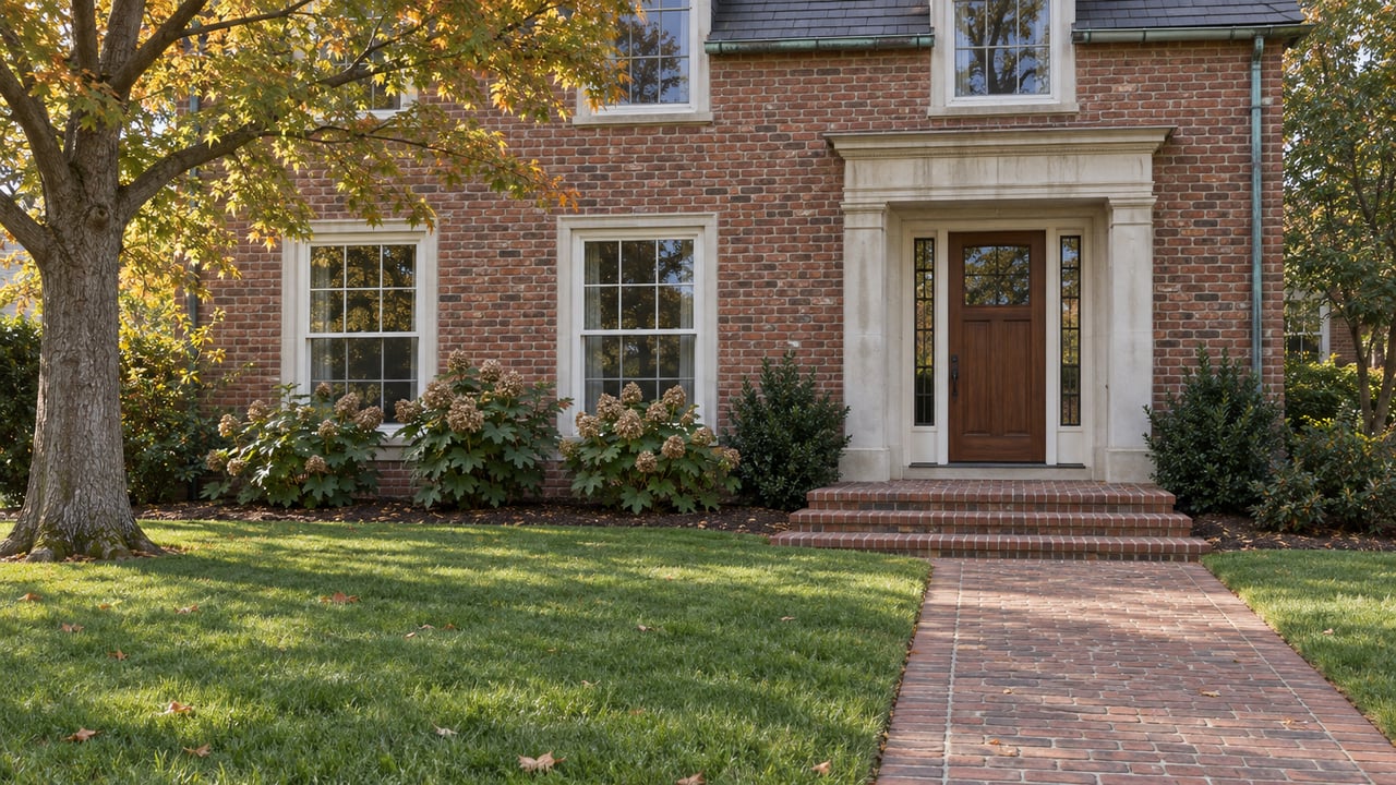 Red brick home with a limestone-framed walnut entrance, white sash windows, and a brick path across an established lawn.