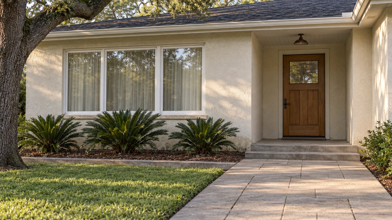 Cream stucco home with a recessed timber entry, broad window and paver approach beneath a spreading live oak.