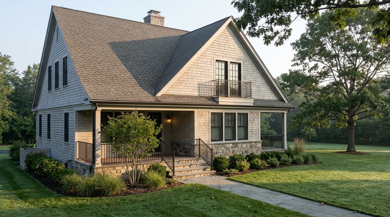 Two-story cedar-shingle and fieldstone home with a gabled dormer, Juliet balcony, and porch above a broad lawn.