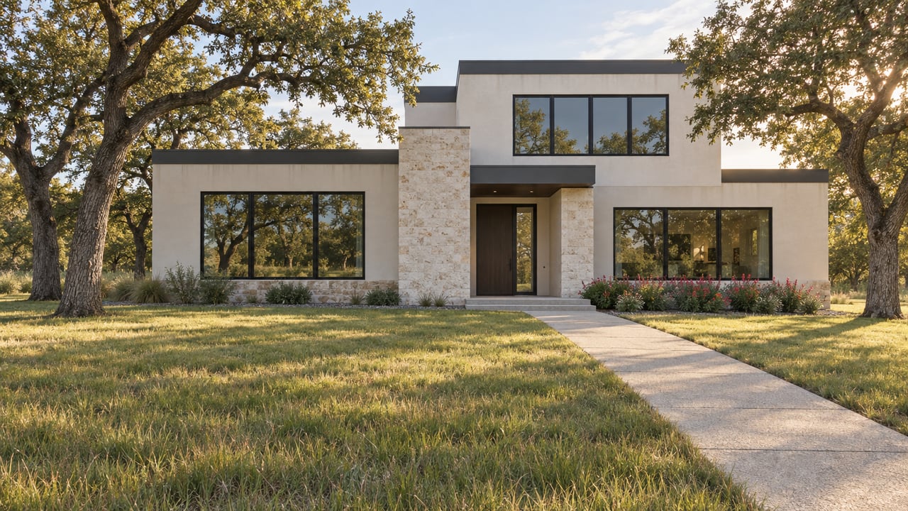 Contemporary ivory-stucco home with black-framed windows beyond a broad lawn, mature post oaks and a concrete entry walk.