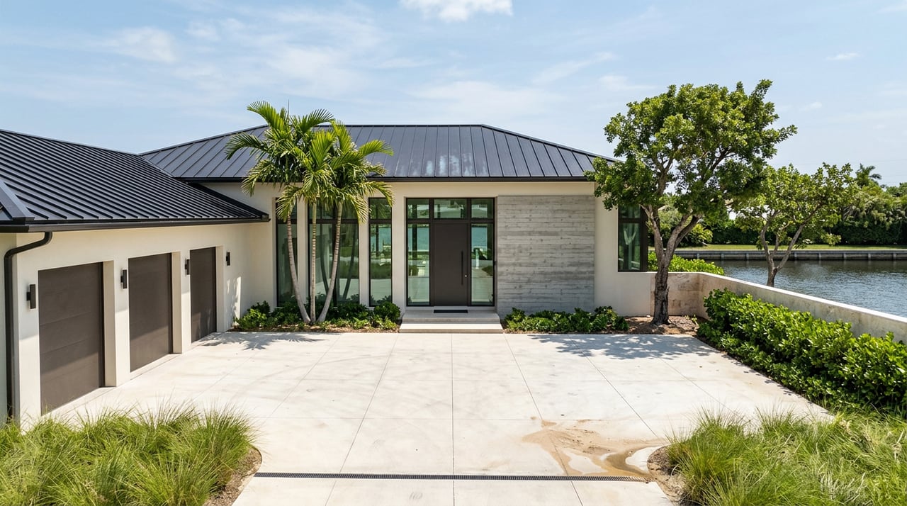 Canal-front home with a concrete motor court, bronze entry door, palms, and a still-water garden wall.