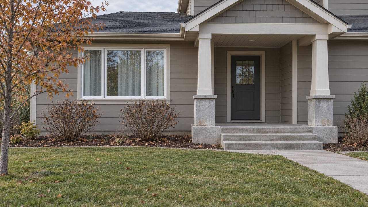 Taupe gabled home with a covered concrete porch, white-framed window and autumn lawn beneath soft daylight.