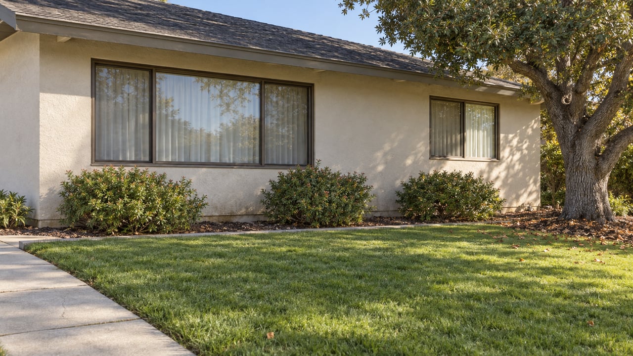 A single-story ivory stucco home behind a broad green lawn, with dark-framed windows, a concrete walk and a mature oak.