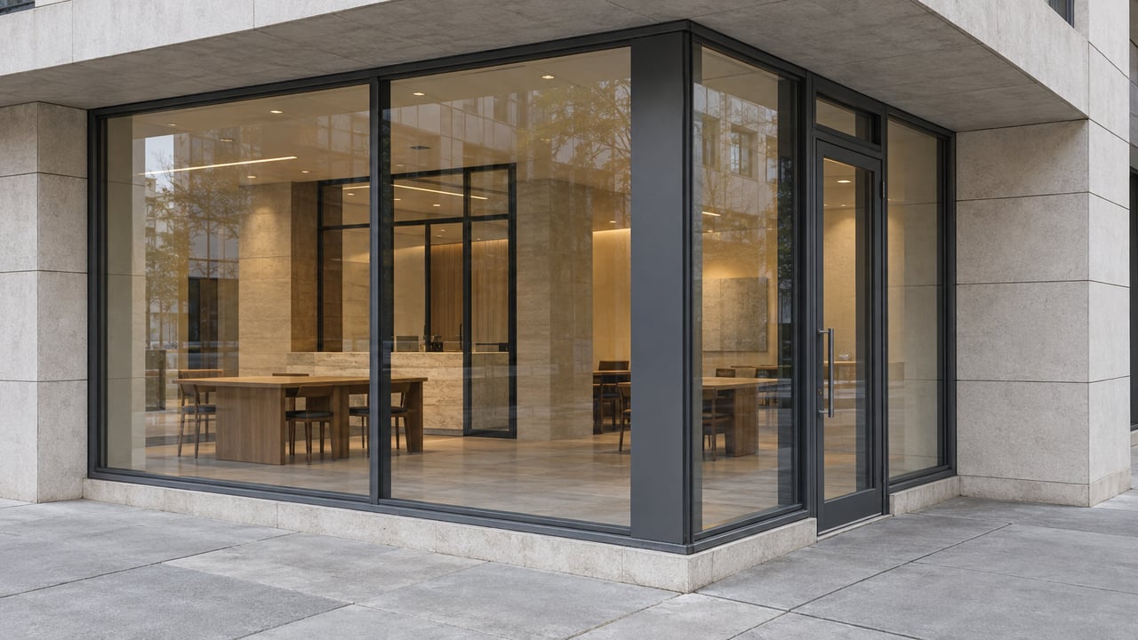 Commercial building corner with pale concrete canopy, glass storefront, single entry door, and warm wood tables inside.