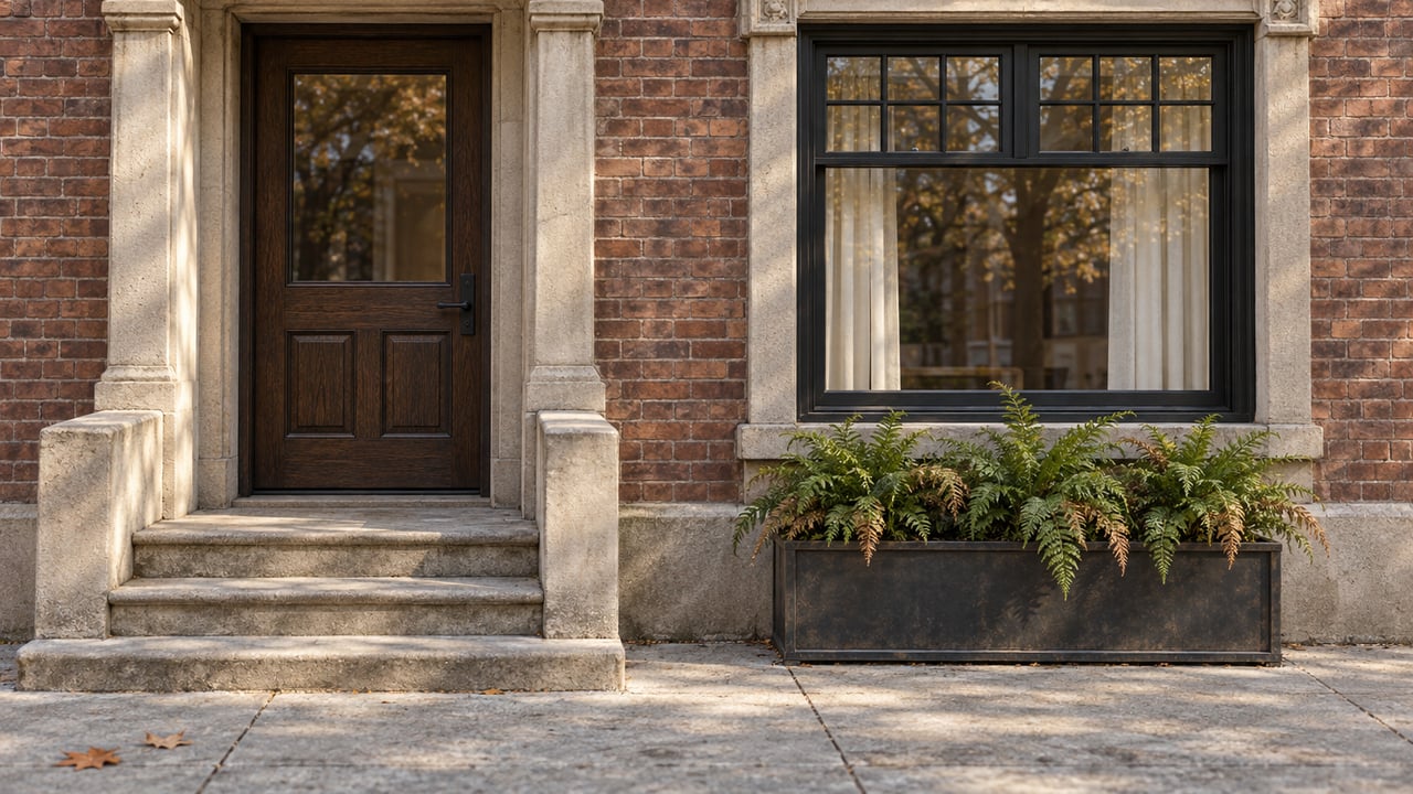 Weathered brick townhouse entrance with carved limestone trim, a dark oak door and black-framed window above a worn sidewalk.