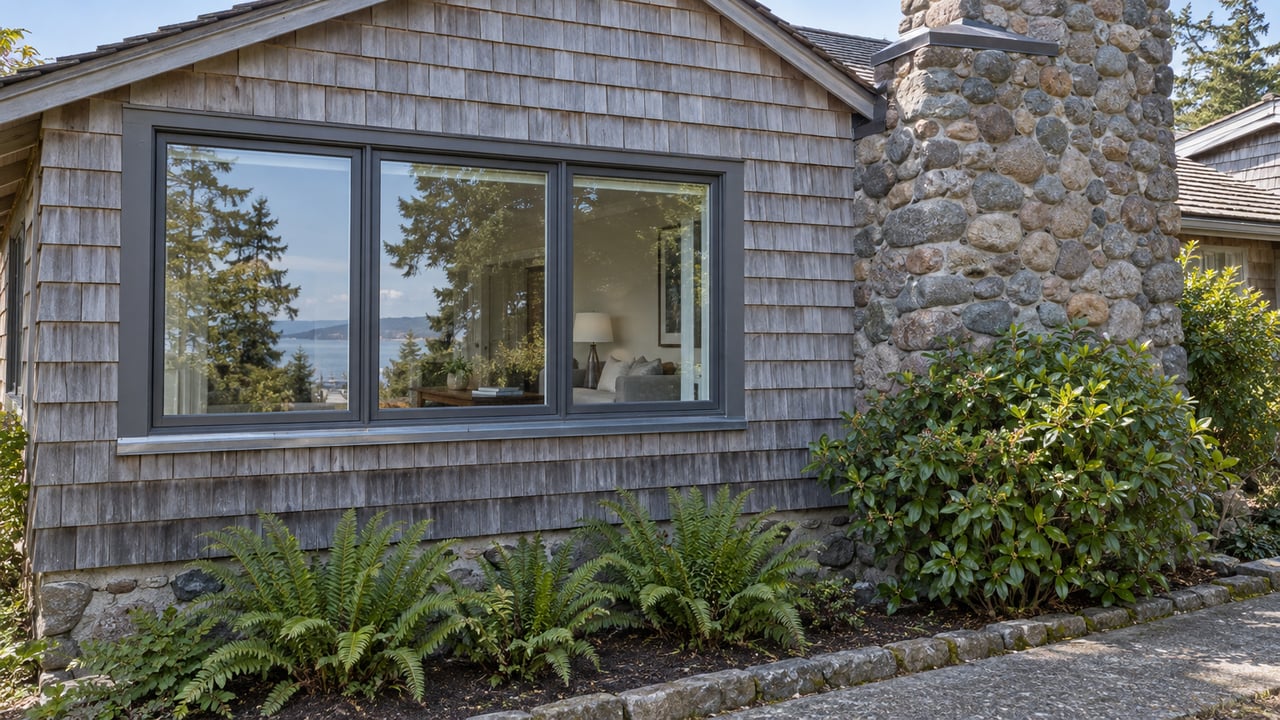 Weathered cedar-shingle home with a broad glazed window, river-rock chimney and carefully planted side garden in clear morning light.