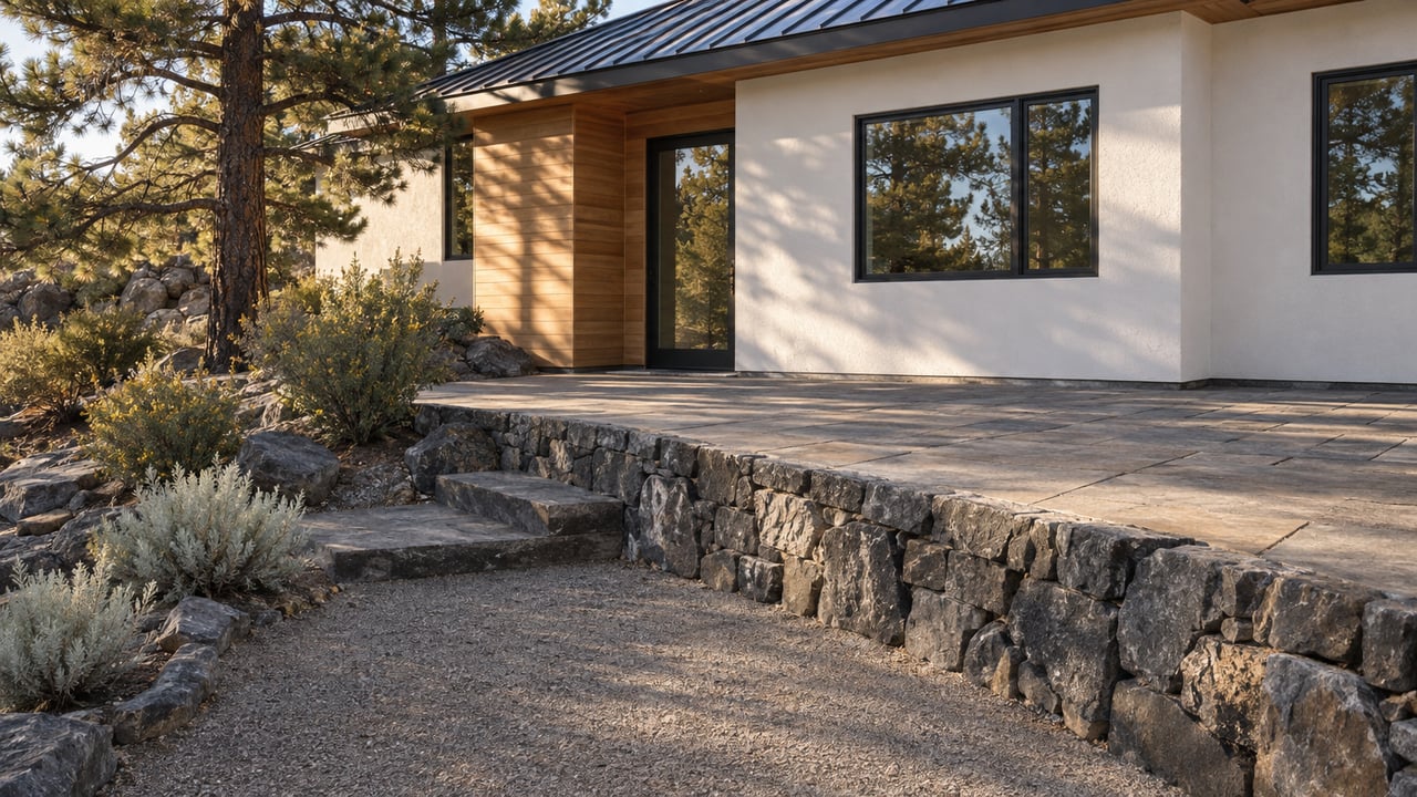 White plaster and cedar house above a basalt-paved terrace, retaining wall, and curved gravel path
