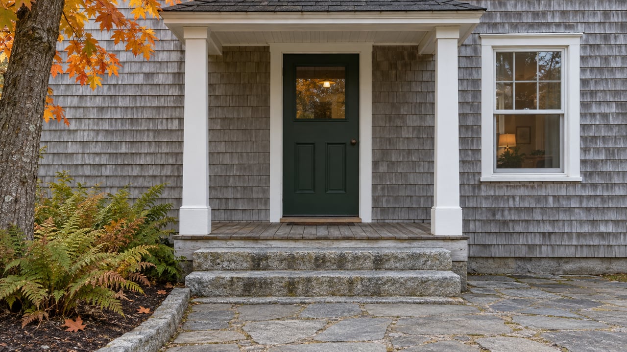 Gray wood-shingled home with a green front door, covered porch, granite steps, and autumn maple leaves.