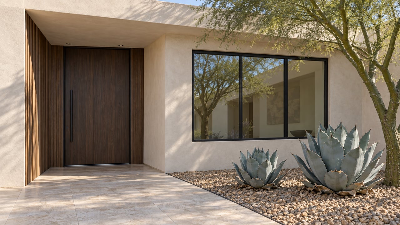 Warm stucco home entry with a dark timber door, black-framed windows, limestone paving and sculptural dry planting.