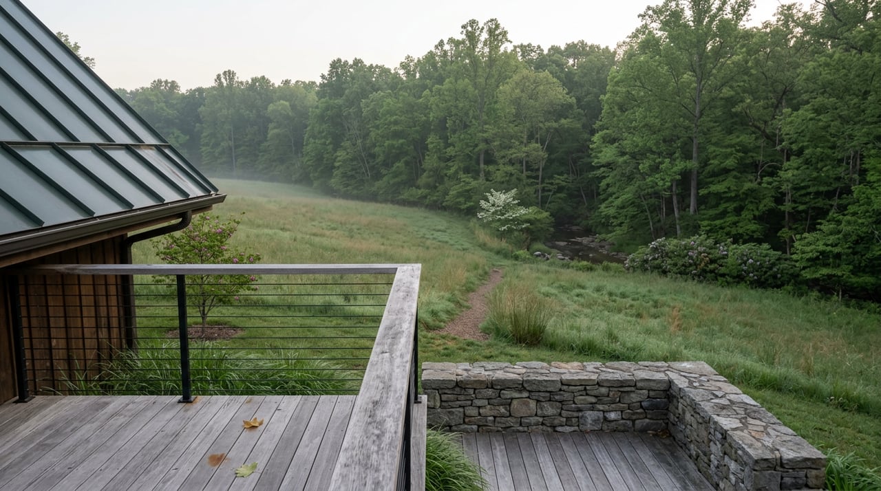 Weathered gray deck overlooks a sloping meadow, narrow dirt path, rocky creek, and dense forest.