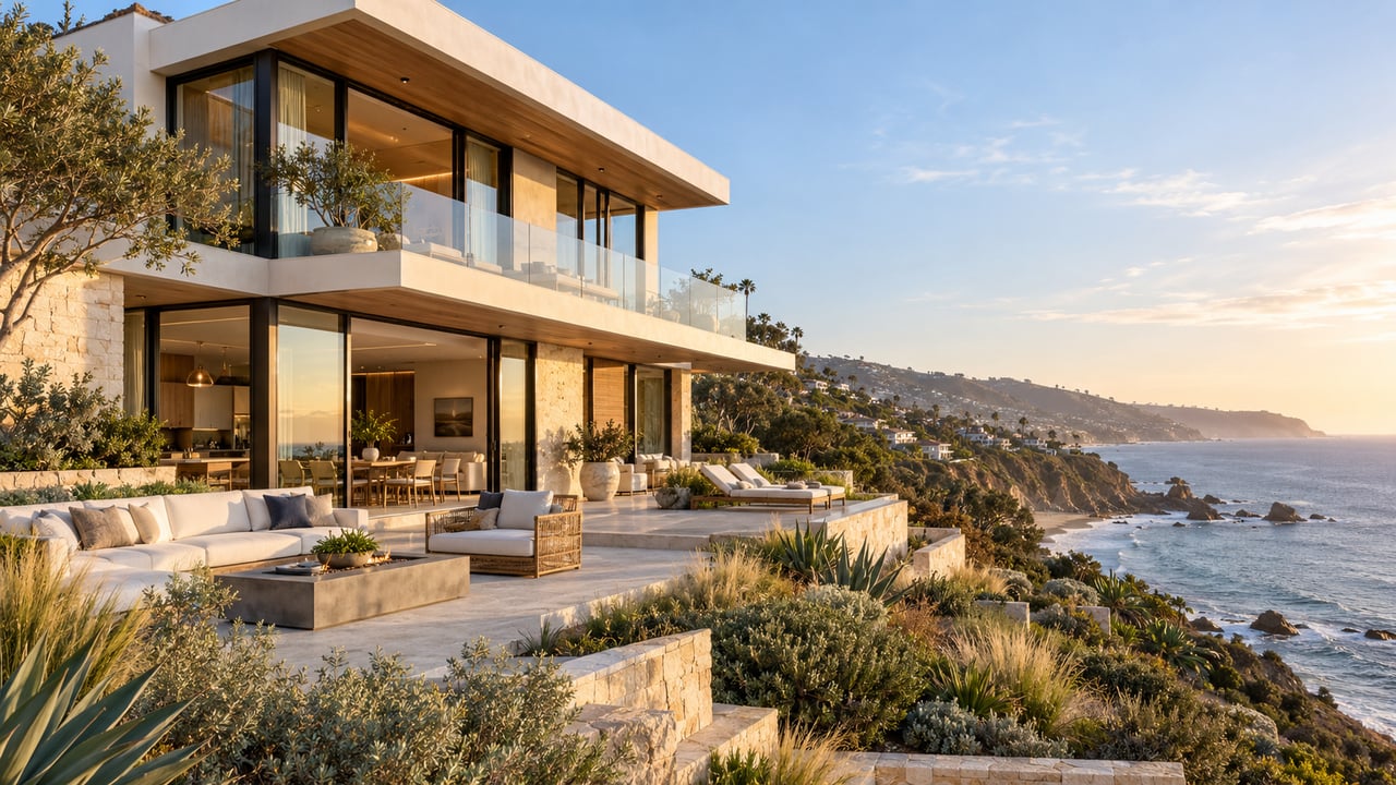 Modern coastal home with glass walls and tiered terraces overlooking the ocean.