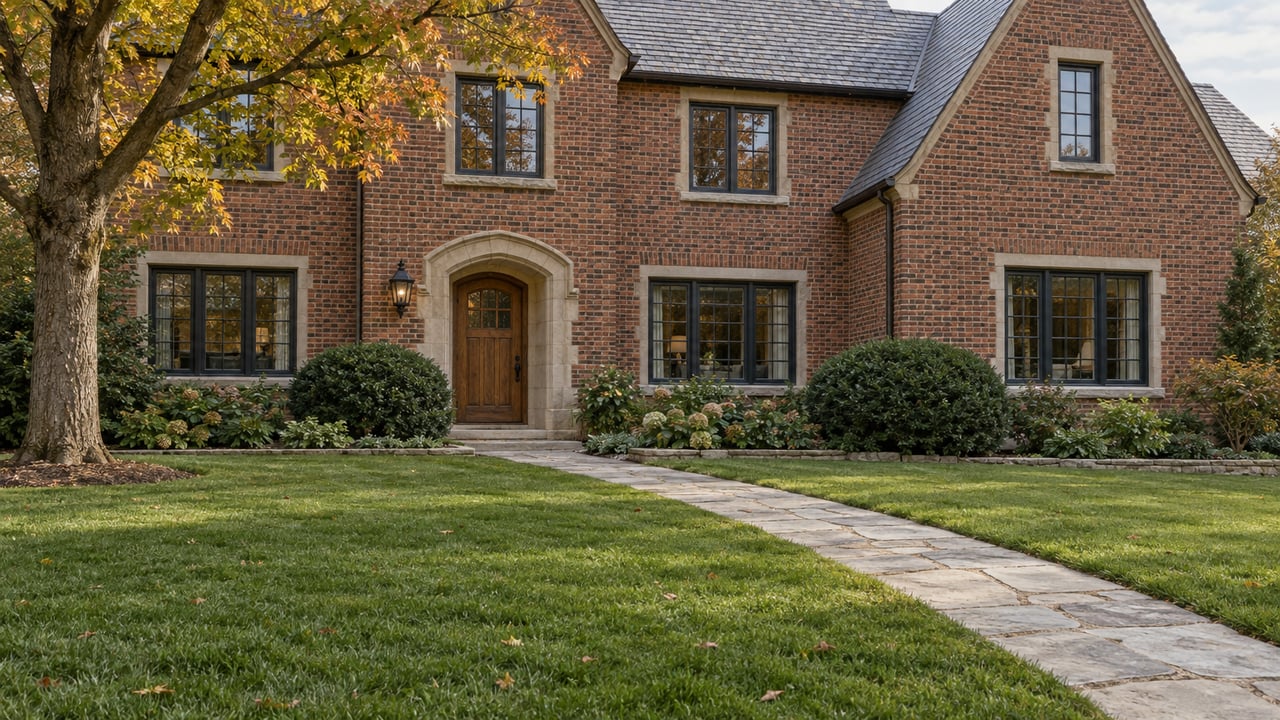 Traditional red-brick home with slate gables, limestone entry, deep green lawn and an amber-leaved maple.