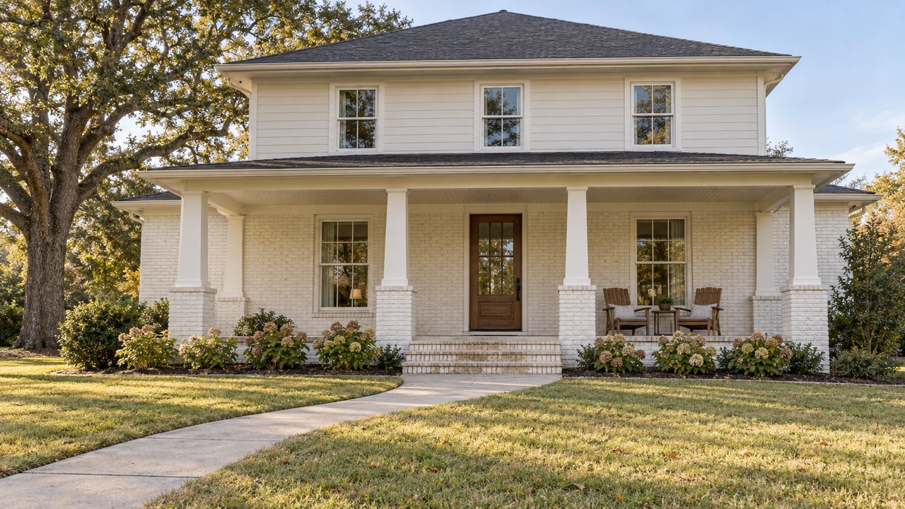 An ivory two-story home with a covered porch, deep front lawn, curving concrete walk and a spreading live oak in soft morning light.