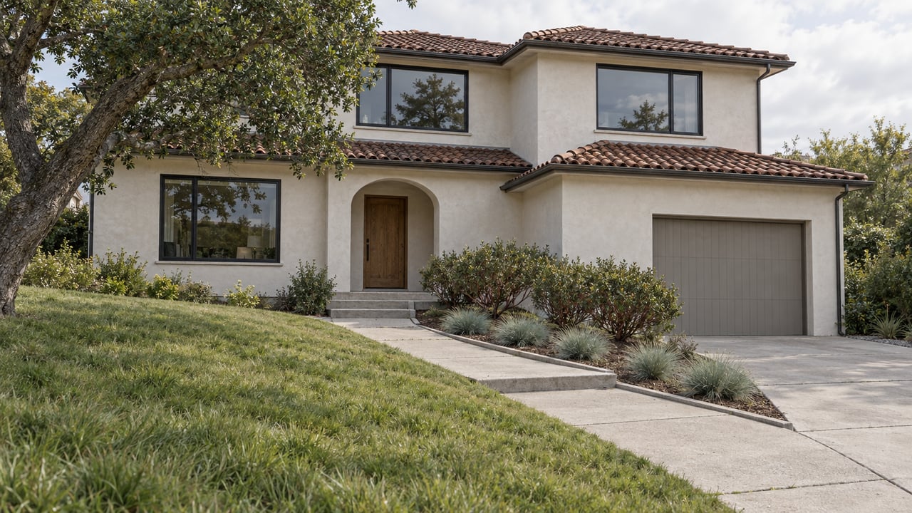 Renovated warm-stucco home with a clay tile roof, arched oak entry and landscaped sloping front yard under soft cloud light.