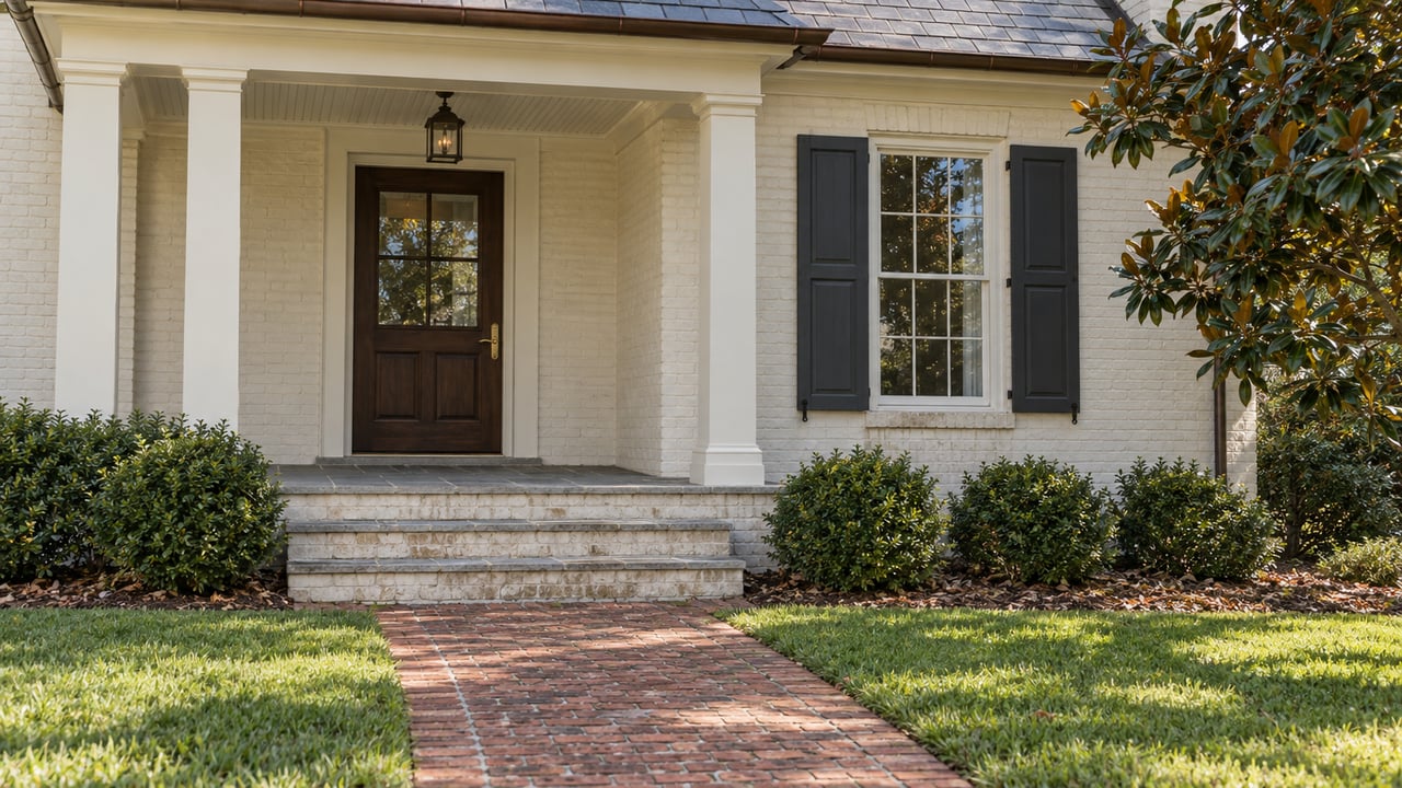 Ivory painted-brick home with a raised stone porch, dark timber door, shuttered window and brick walk through a deep green lawn.