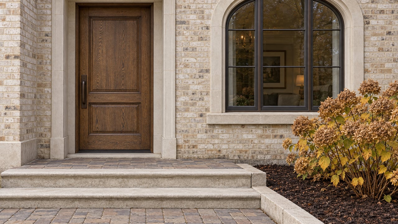 Cream brick entry with an oak door, arched bronze-framed window, limestone steps and tawny hydrangea flowers in autumn light.