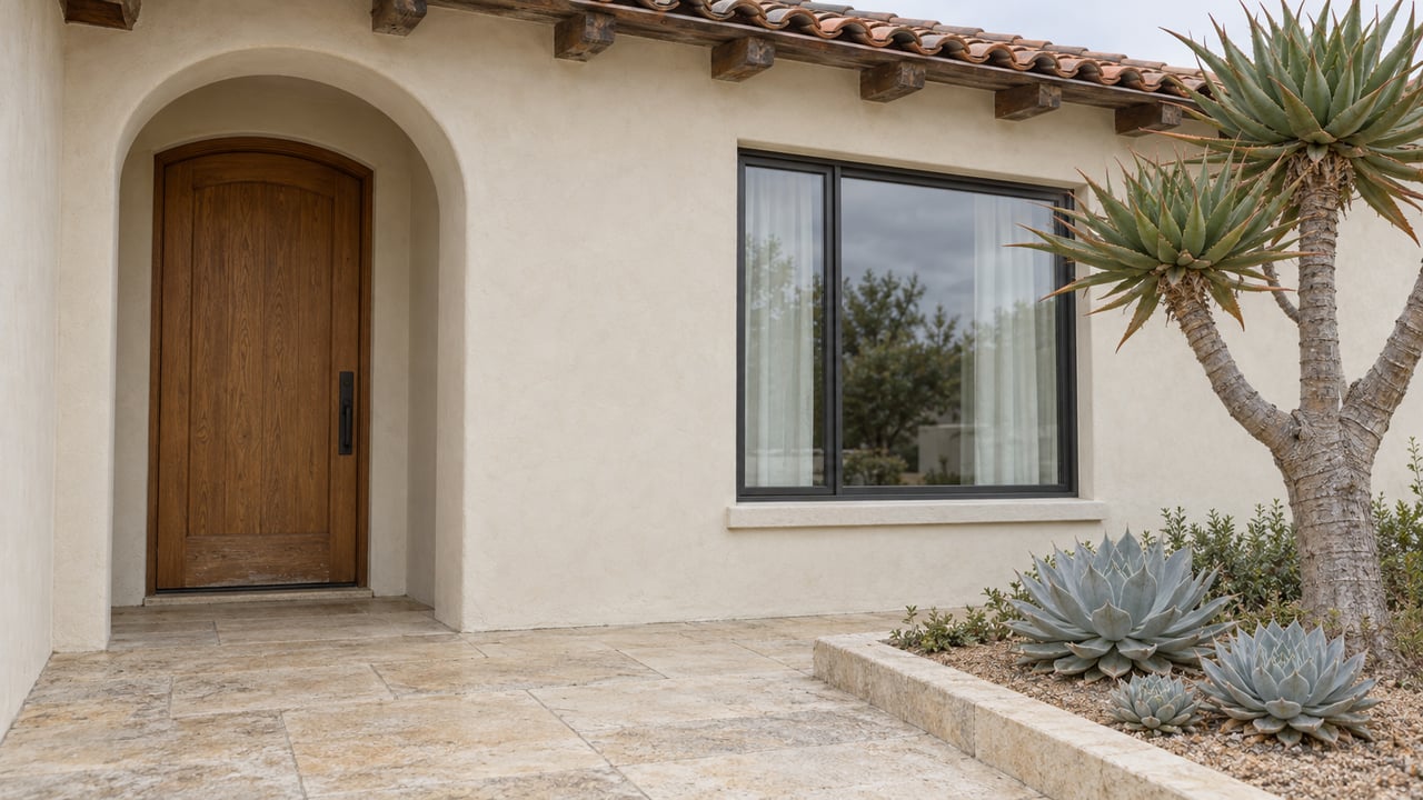 Ivory stucco home with an arched timber entrance, clay roof tiles, limestone terrace and sculptural succulent planting.