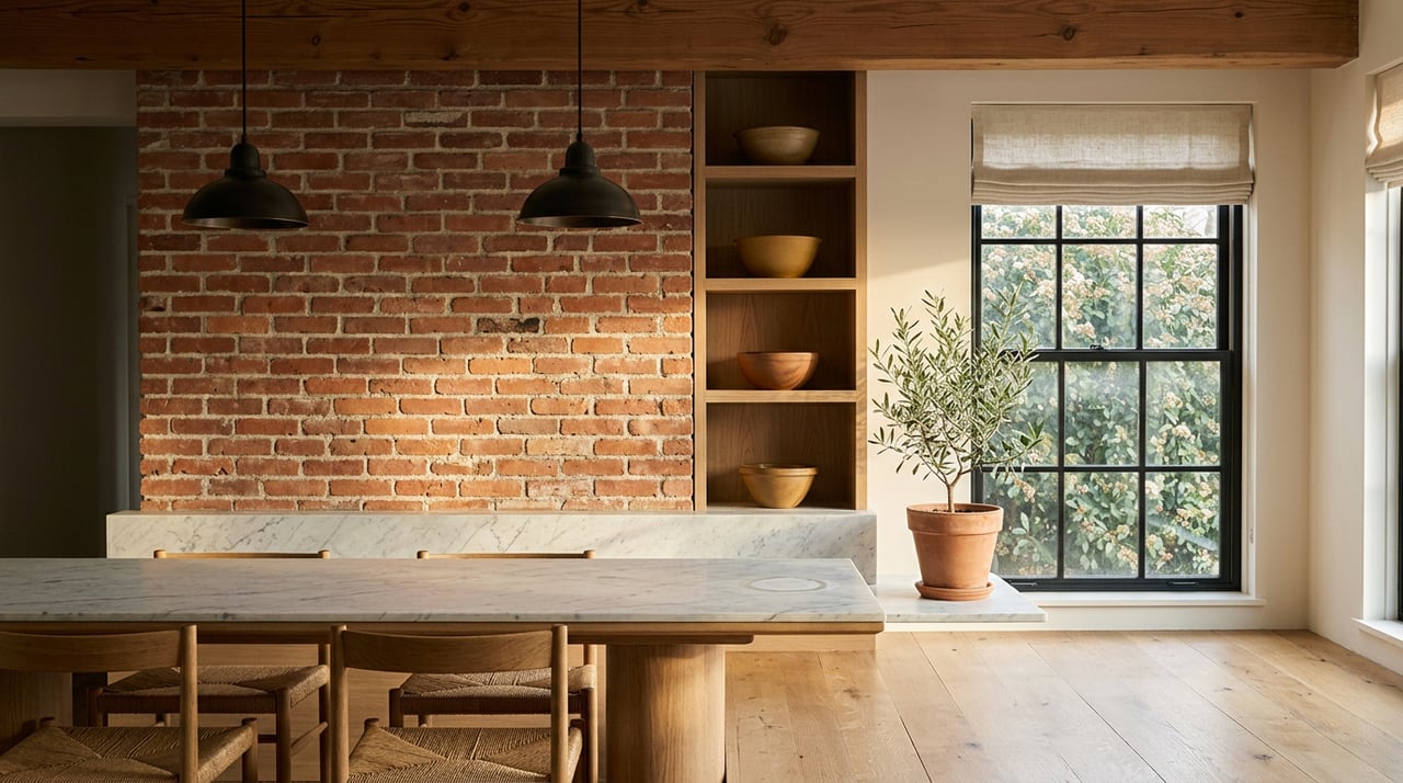 Kitchen nook with a red-orange brick wall, steel-framed window, and potted olive tree.