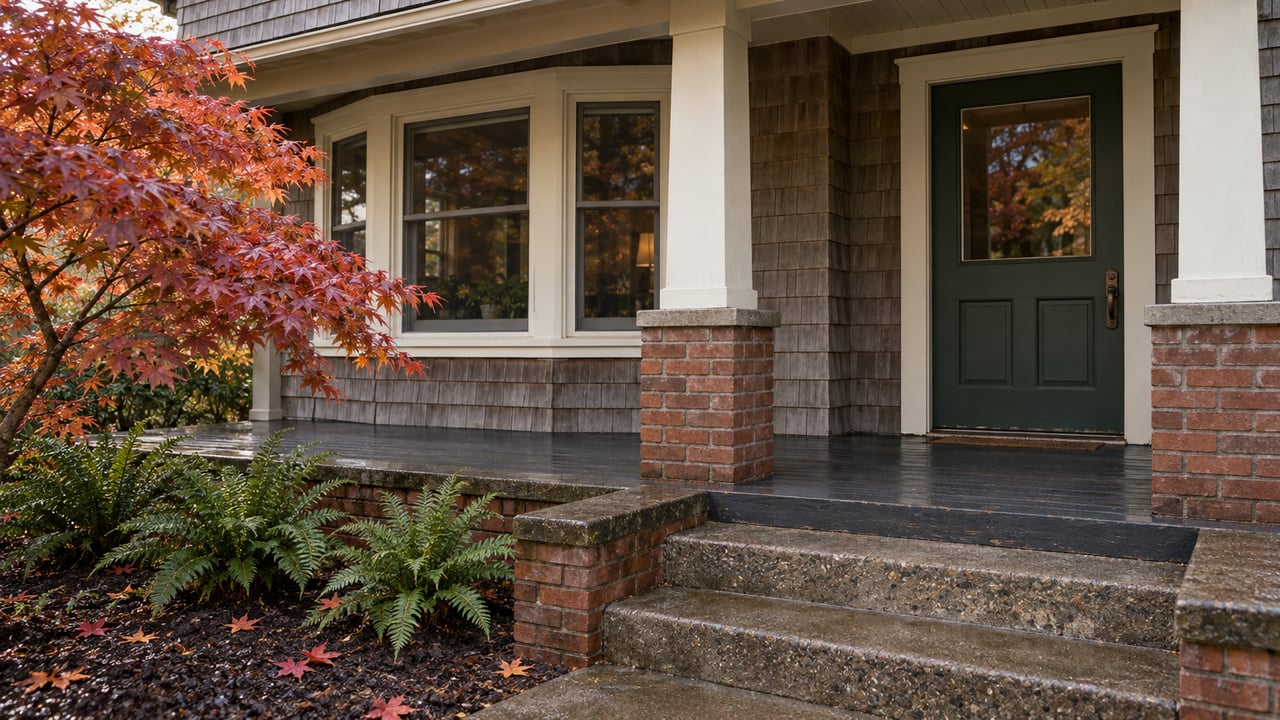 Weathered cedar shingles, a green front door, and a brick-supported porch beside autumn maple leaves and sword ferns.