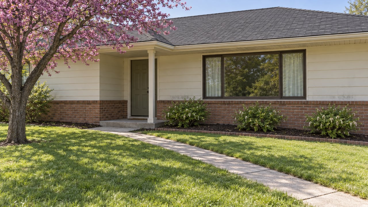 Cream-sided ranch house with a recessed porch, brick foundation, and lawn crossed by a concrete walkway.