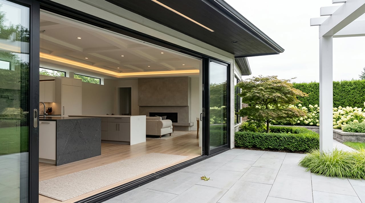 Open sliding glass doors frame a great room with a charcoal island, plaster fireplace, and white oak floors from a gray-tiled patio.
