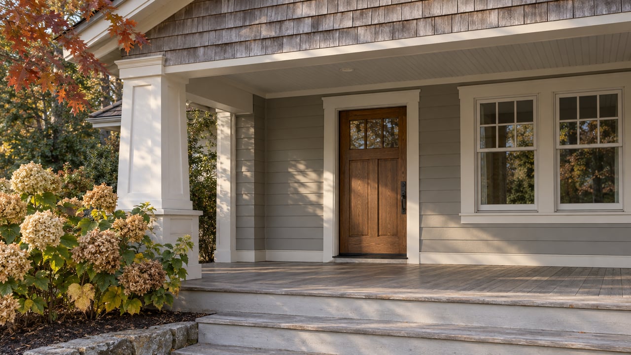 Sunlight across a shingled covered porch with an oak entry door, divided-light windows and drying hydrangea flowers beside broad steps.