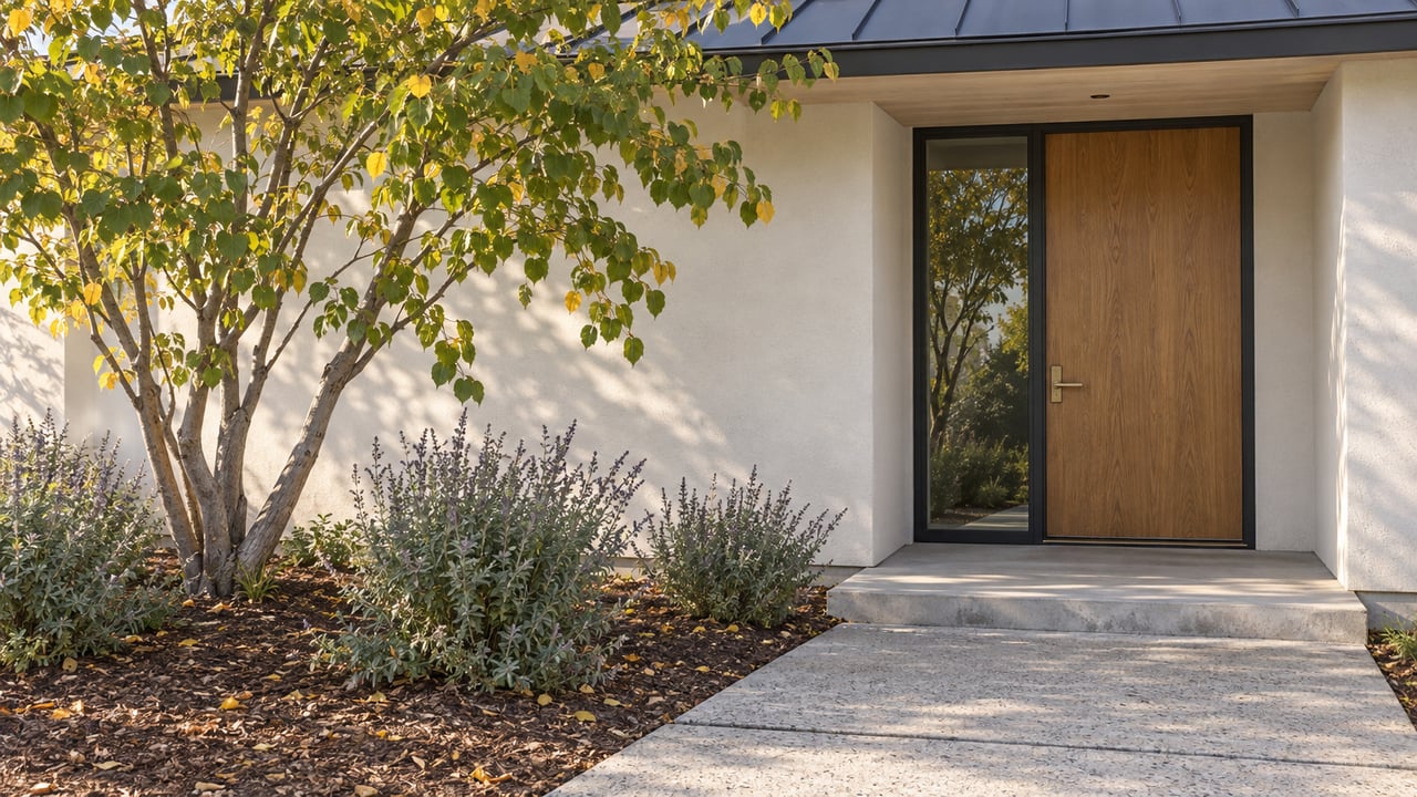 Sheltered oak front door and glass sidelight beside a branching redbud, with a concrete walkway and sage planting.