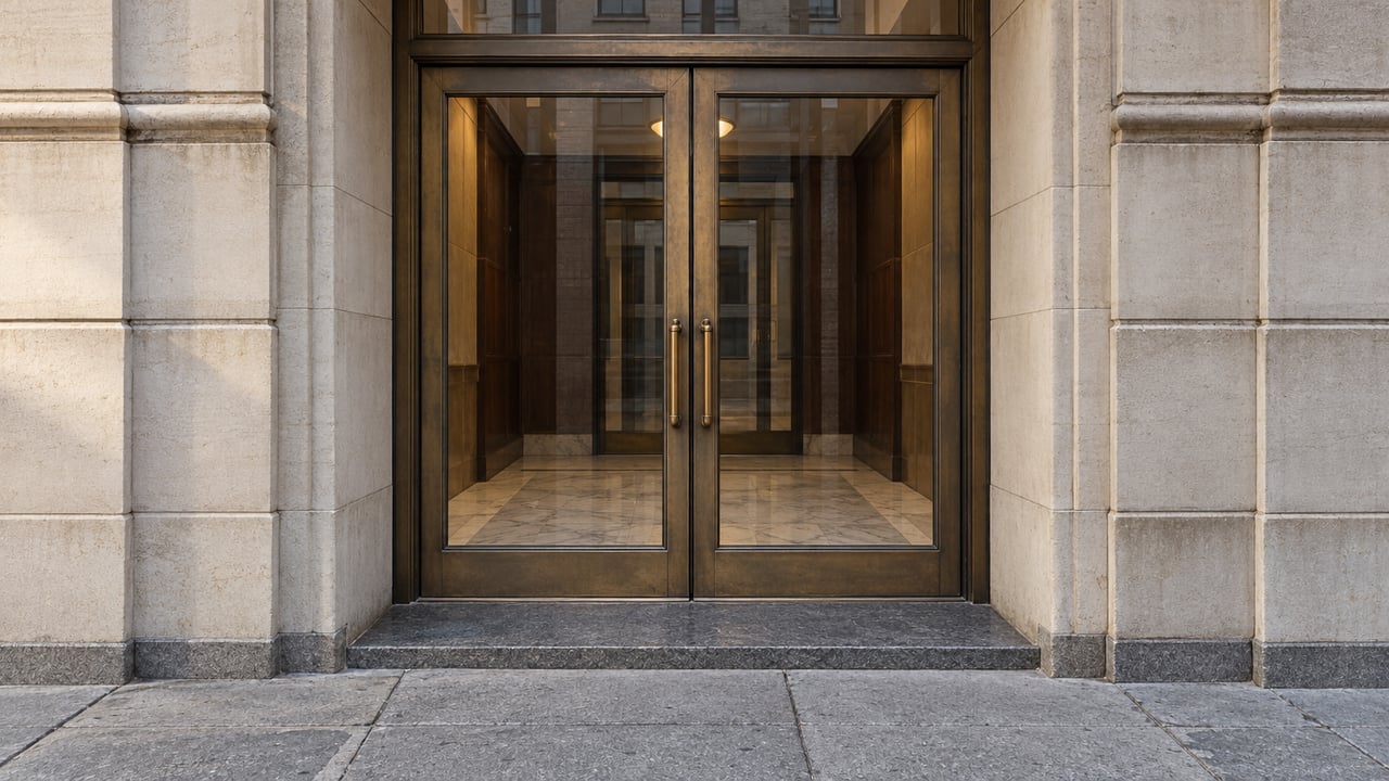 Paired bronze-and-glass apartment entrance doors recessed into weathered cream limestone above a granite threshold and gray sidewalk.