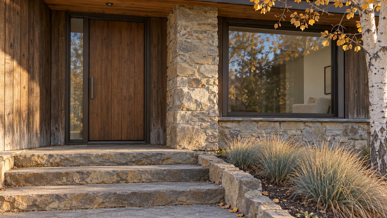 Autumn light grazes a timber front entrance, sandstone steps and a glazed window beside white aspen bark.