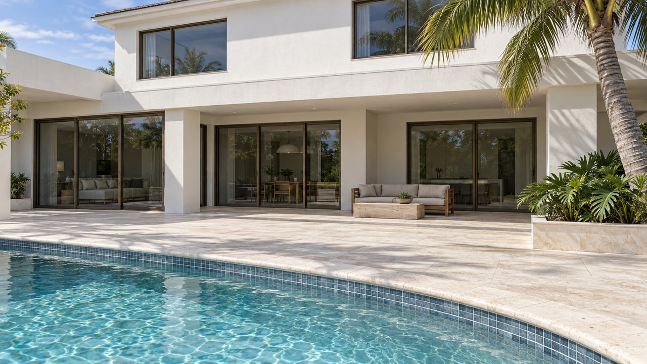 Low view across blue-green pool water and pale limestone decking toward a white stucco home with broad glazing, a covered teak bench and a coconut palm.