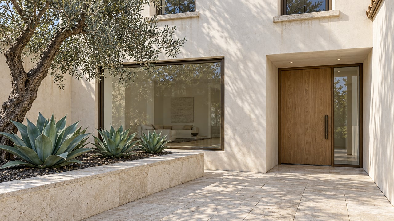Sunlit stucco residence with bronze-framed windows, a recessed oak door, limestone paving and a specimen olive in a raised stone planter.