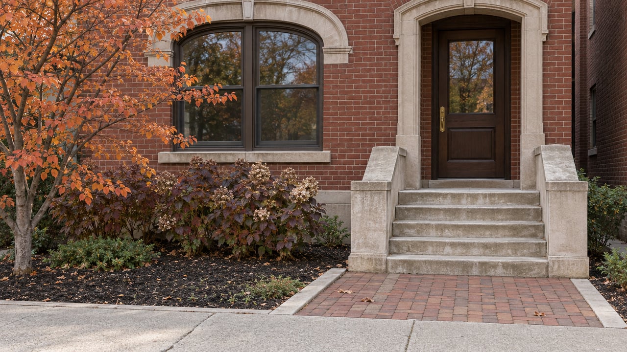 Red-brick residential entry with worn limestone steps, an arched window, and copper and burgundy autumn planting.